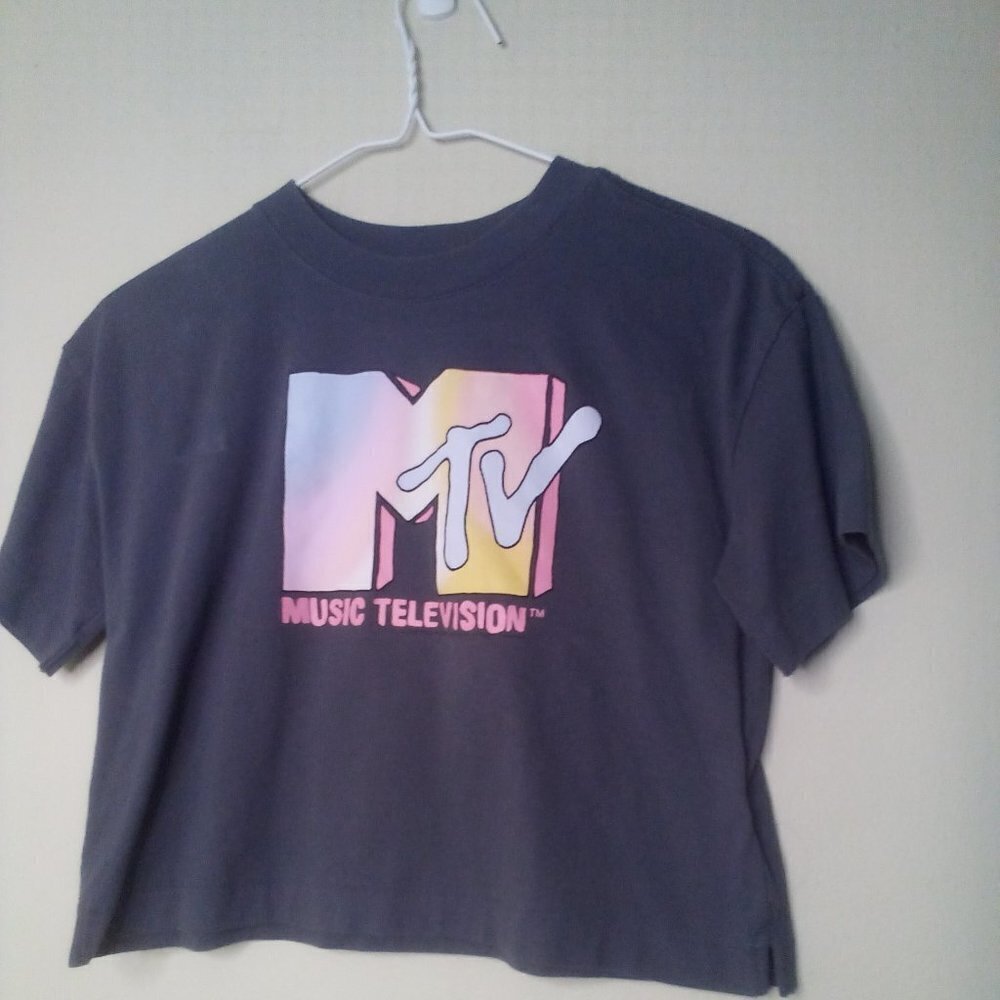 Gap Teen Cropped Shirt Juniors L Short Sleeve MTV Logo Gray